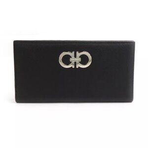 Auth Salvatore Ferragamo Gancini Bifold Long Wallet Black/Silver Leather